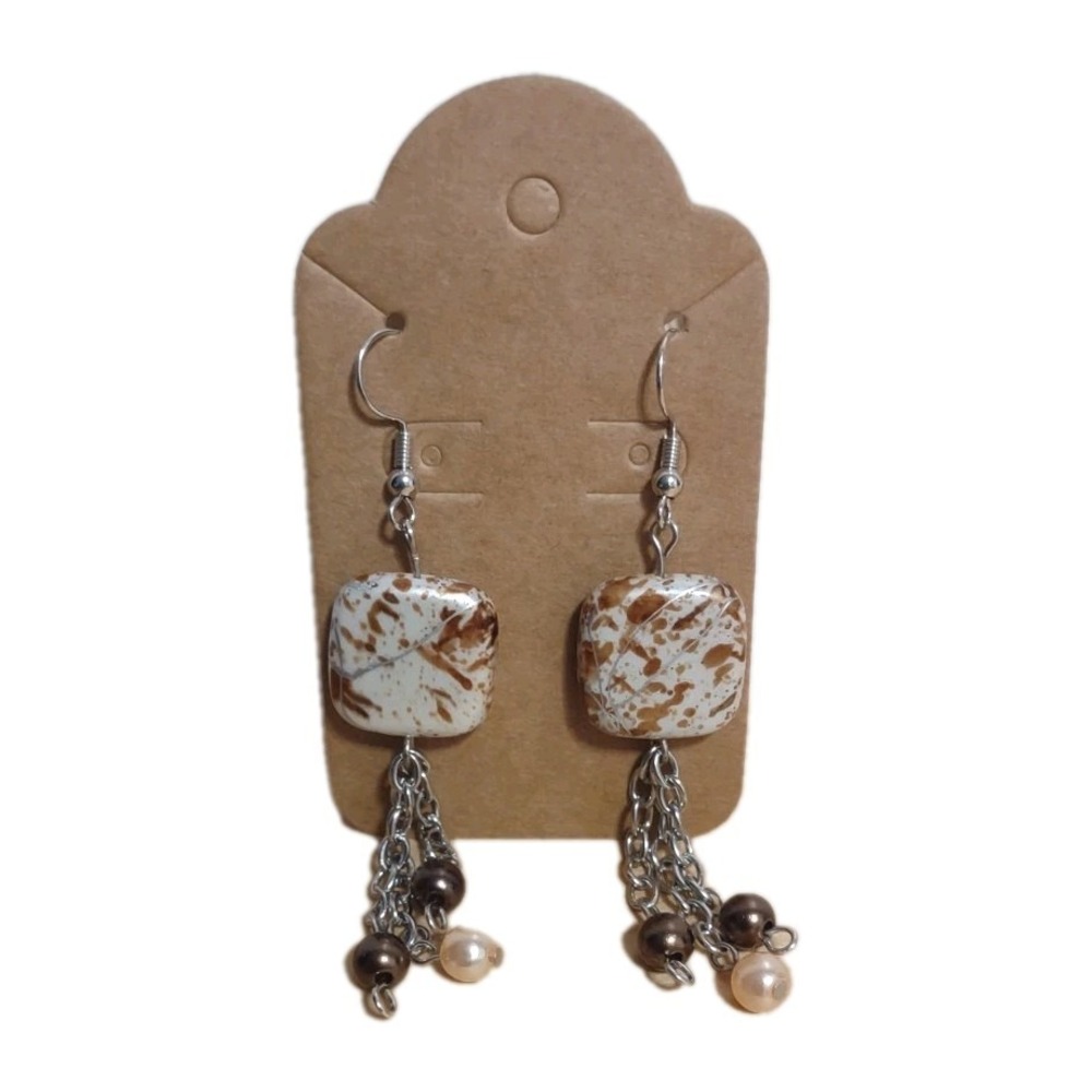 One-of-a-Kind Upcycled Dangle Earrings Square Speckled Beads, Silver Tone Chains